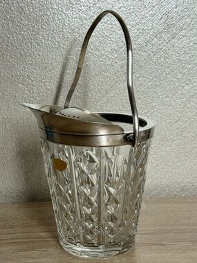 VTG Ice Bucket Val St Lambert Crystal & Silver Plate Handled Signed Barware
